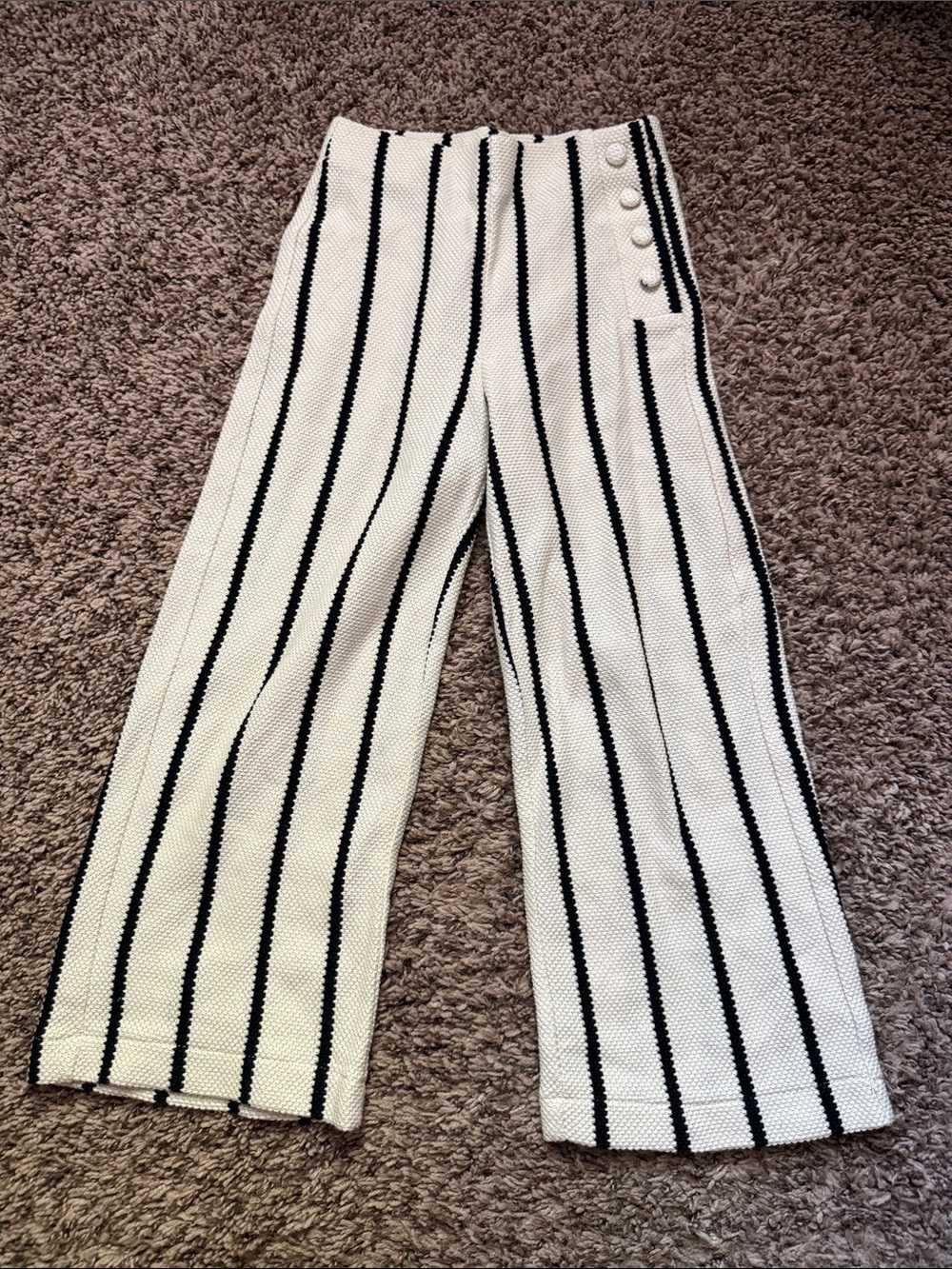 Zara Ivory Knit Wide-Leg Pants with Black Stripes